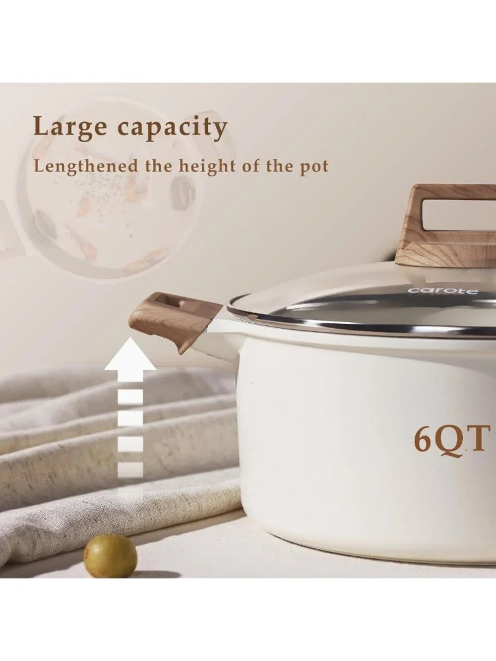 6 Qt Nonstick Stock Pot with Lid - Easy Clean Casserole, PFOA Free, White